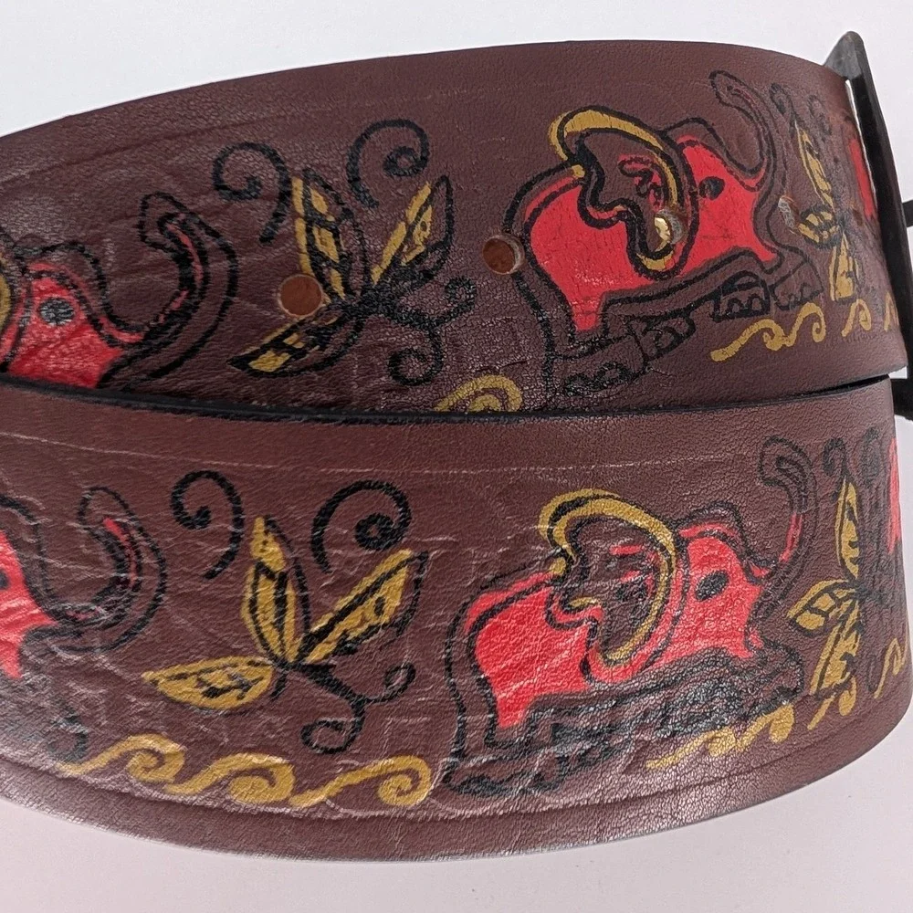 VTG Elephant Hand Painted Leather Wide Belt Unisex OS Brown Boho Western Artisan